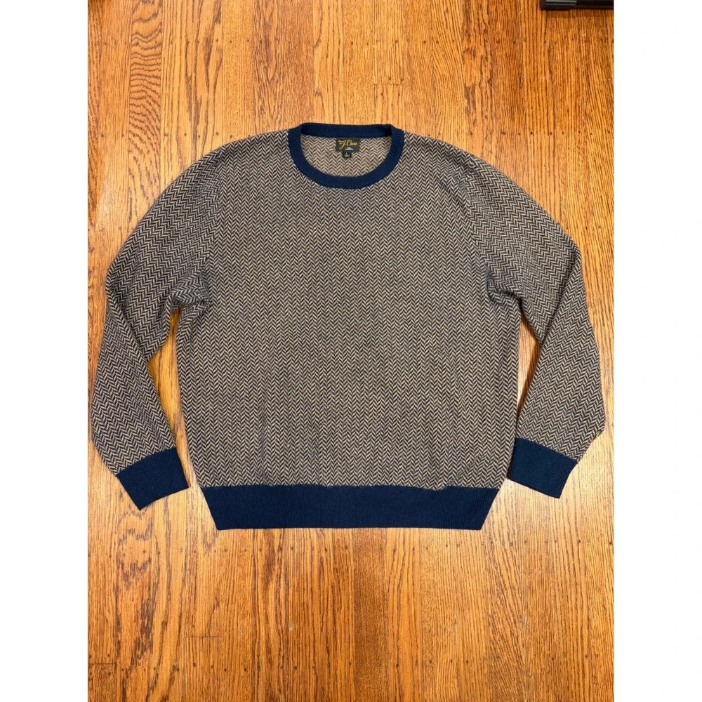 J.Crew Mens 100% Cashmere Herringbone Crewneck Sweater Navy Blue Tan Large